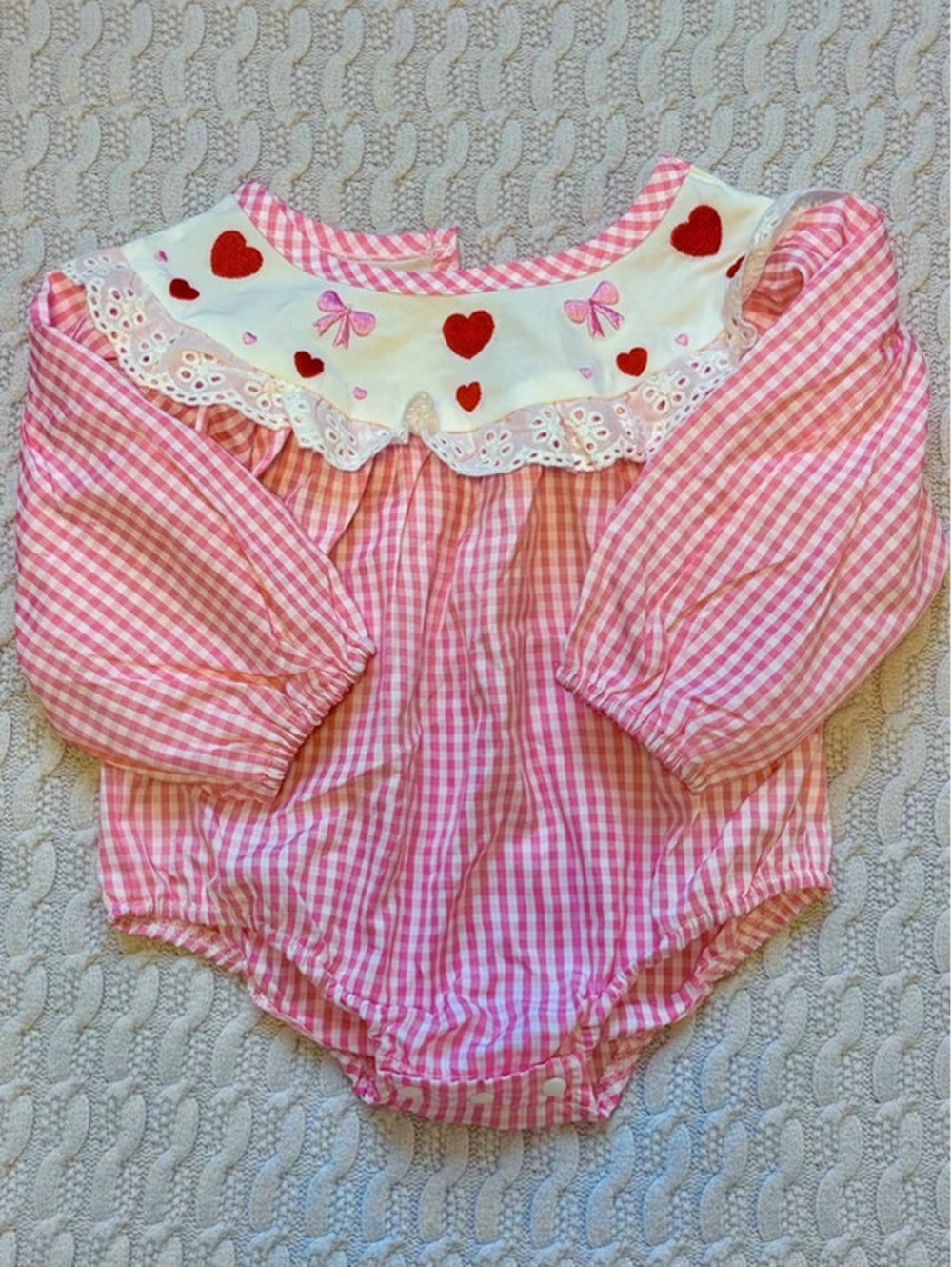 Pink Gingham Heart Long Sleeve Bubble with Eyelet Lace Trim Size 12-18 month